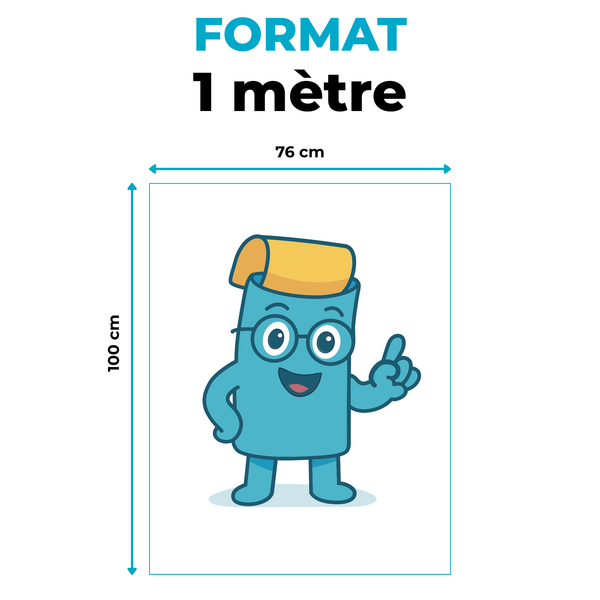 Infographie de format d'impression '1 mètre' détaillant des dimensions de 100 cm de hauteur et 76 cm de largeur. L'image contient une mascotte de personnage bleu portant des lunettes et un rouleau jaune sur la tête, qui fait le signe 'un' de la main.